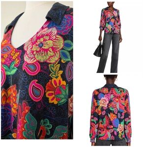 Johnny Was Janie Favorite Polo Collar Top XL Floral Peacock Boho Stretch Knit